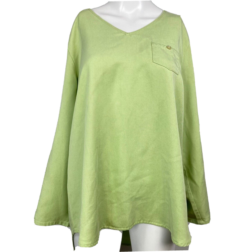 Soft Surroundings Shirt Womens Sz L Green V-Neck Flowy Pullover Tunic Top Pocket
